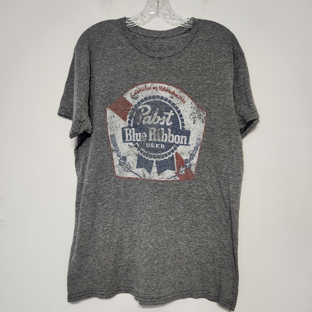 Retro Brand Pabst Blue Ribbon Graphic Tee Shirt Grey Red White Blue Large